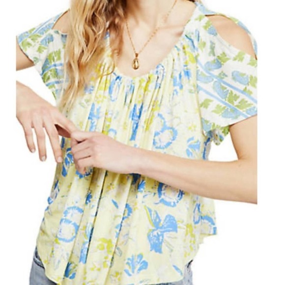 Free People T-Shirt Small Yellow Printed Lemon Gelato Baja Babe Cold Shoulder - Picture 1 of 8